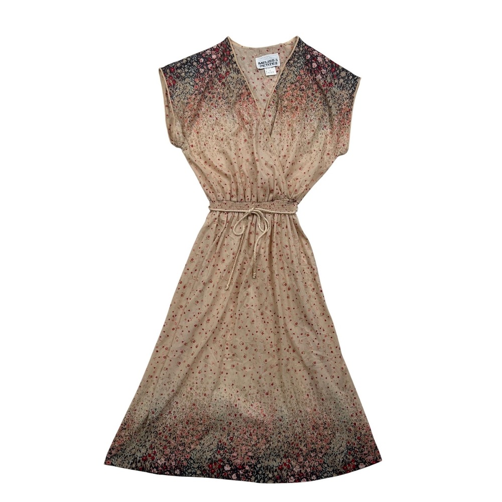 Vintage 80s Melissa Petites Floral Border Sheer Midi Dress Size Petite Ex Small